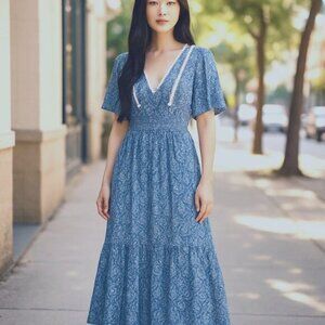 Zara Sz M Blue Floral Print Crochet Tiered Skirt Flutter Sleeves Maxi Dress EUC